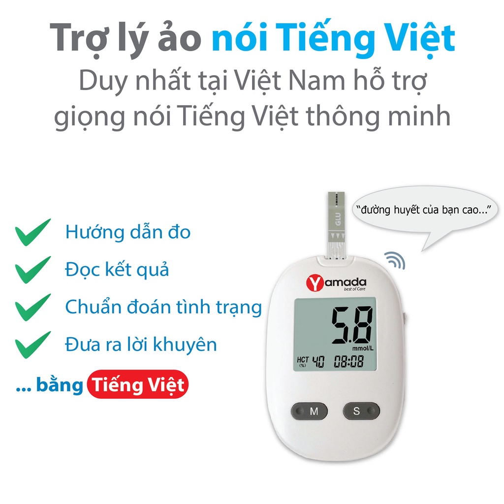 Máy đo đường huyết Yamada - Giọng nói tiếng Việt, thử tiểu đường, đo chỉ số hồng cầu HCT, tặng 10 que thử