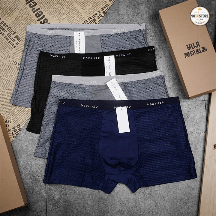 Hộp 4 quần lót nam Boxer Muji thun lạnh, quần sịp đùi nam lưới thông hơi