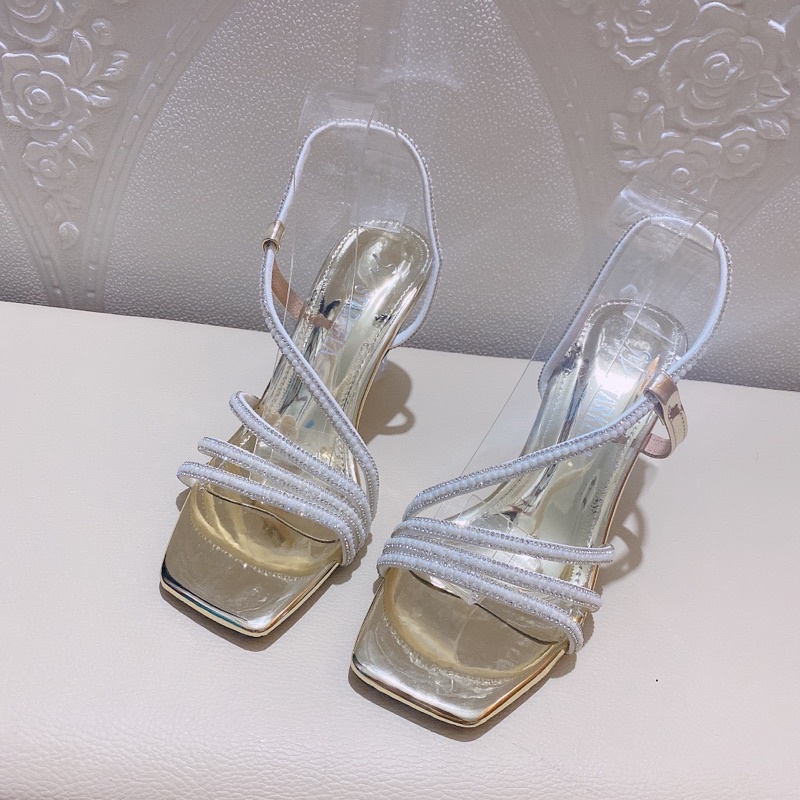 [Bán giá gốc] Giày sandal nữ cao gót 3 quai đá ngọc phối chéo gót trong 7p hàng vnxk cao cấp loại 1