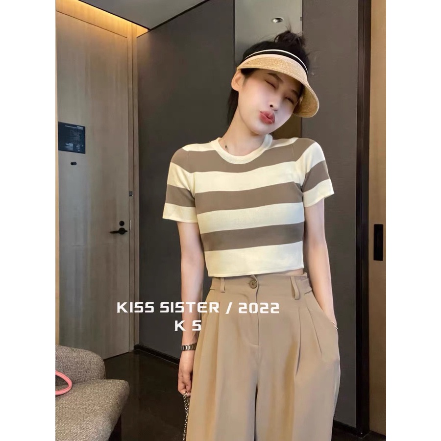 Áo croptop cộc tay kẻ ngang chất len Hàng Quảng Châu loại 1
