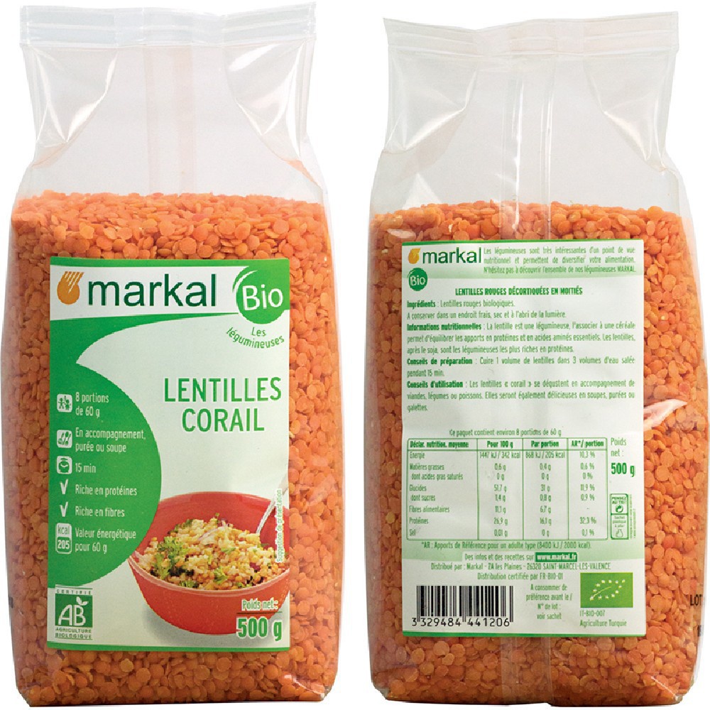 Đậu Lăng San Hô Đỏ Cam Hữu Cơ Markal Lentilles Corail 500g/Túi Pháp