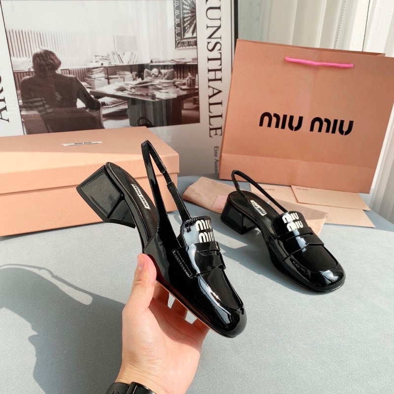 Giày cao gót mũi vuông quai hậu thương hiệu Miu Miu da thật cao cấp