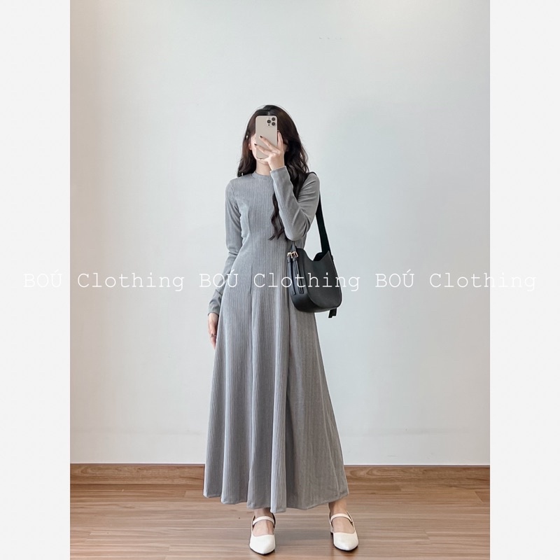 Đầm midi thun gân tay dài chất xịn, thời trang dành cho nữ