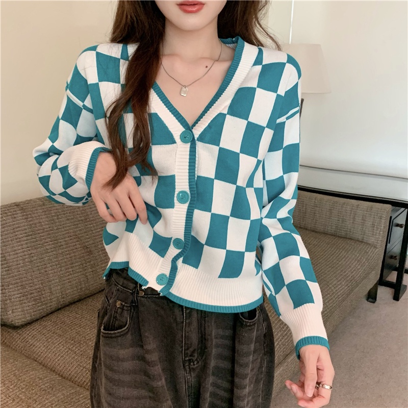 Áo Khoác cardigan Cổ Chữ V Dáng Rộng Họa Tiết Caro Thời Trang Thu Đông Phong Cách vintage Mới