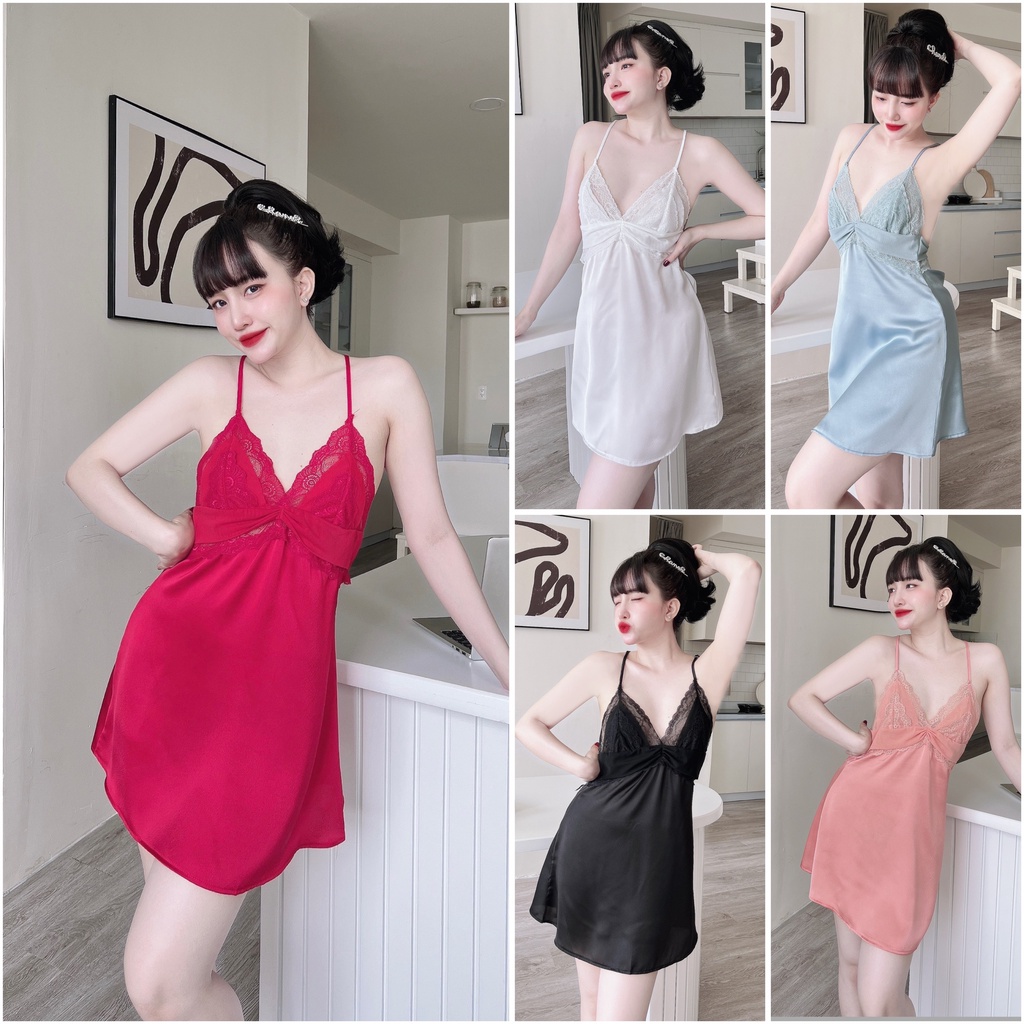 Váy Ngủ Nữ Chữ T Kèm Quần Chíp SOJUN Chất Satin Dưới 60Kg