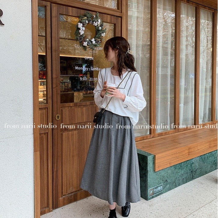 Áo sơ mi nữ tay dài NARII áo babydoll trắng ulzzang Hàn Quốc viền vuông