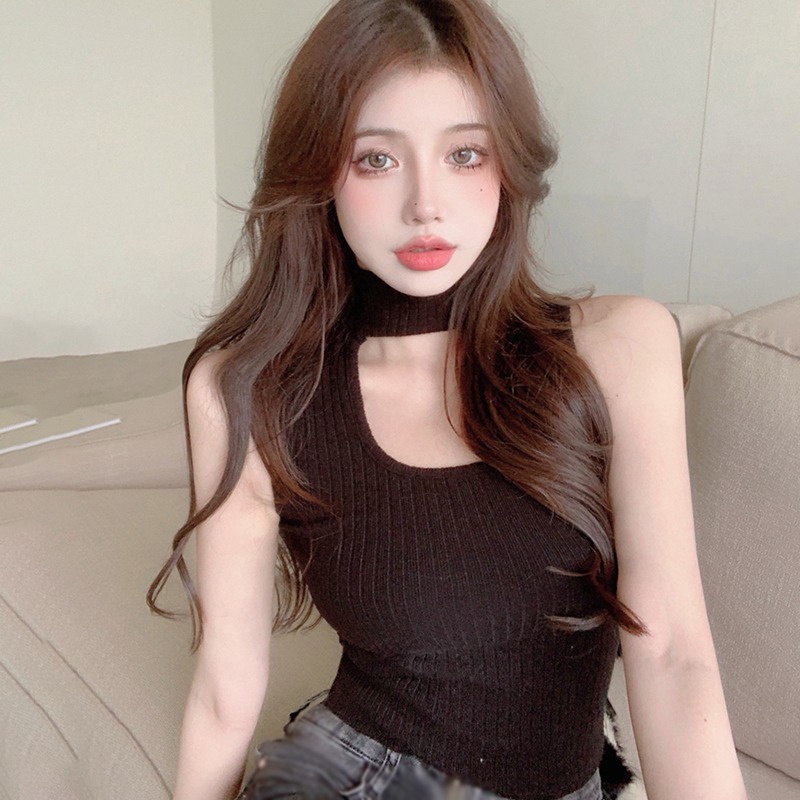 Áo Croptop Dệt Kim Sát Nách Cổ Lọ Màu Sắc Đơn Giản Nhẹ Nhàng Cho Nữ