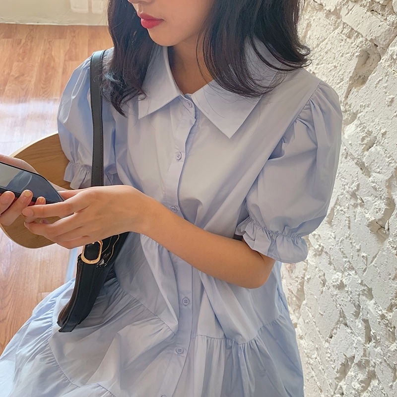 Đầm Tay Phồng Dáng Rộng Màu Xanh Dương Phong Cách Sinh Viên Cho Nữ Sinh