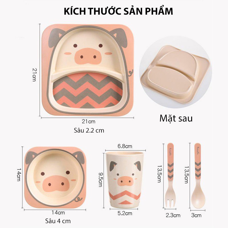 Set Khay Ăn Dặm Cho Bé, 5 món, sợi tre an toàn cho sức khỏe, nhiều họa tiết ngộ nghĩnh