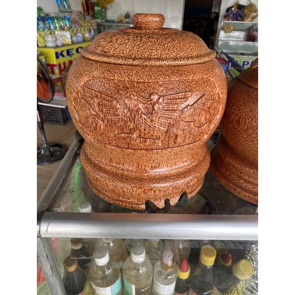 Vỏ Ủ Ấm / Giữ Ấm Bình Trà Gỗ Dừa Mẫu Khắc Long Phụng 1200ml - Full nguyên bộ