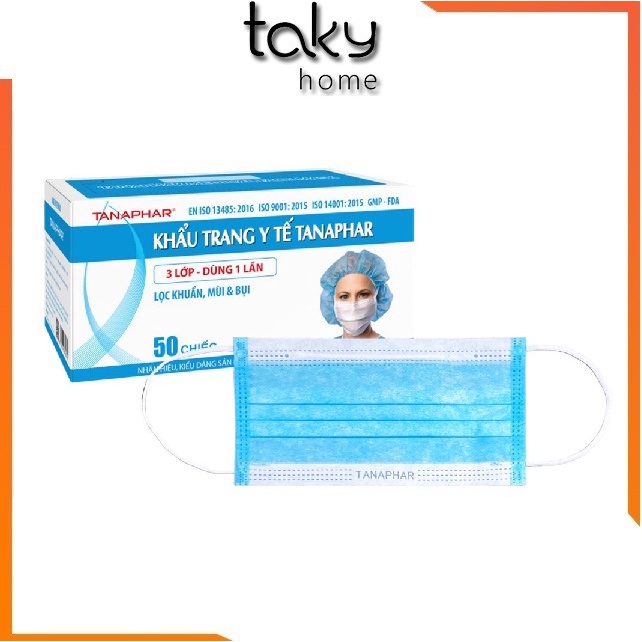 50 Chiếc - Khẩu Trang Y Tế 3 Lớp, Màu Xanh - Lọc Khuẩn, Lọc Mùi, Lọc Bụi, Thoáng Khí, Không Gây Dị Ứng - Takyhome7060