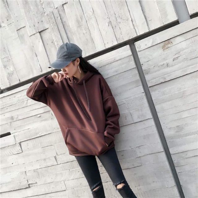 Hoodie trơn nâu socola tay dài hình thật