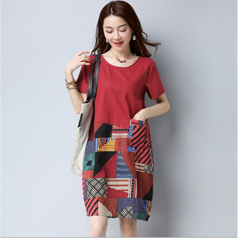 Đầm suông nữ công sở đẹp họa tiết thổ cẩm dành cho người mập bụng từ 45kg đến 75kg | BigBuy360 - bigbuy360.vn