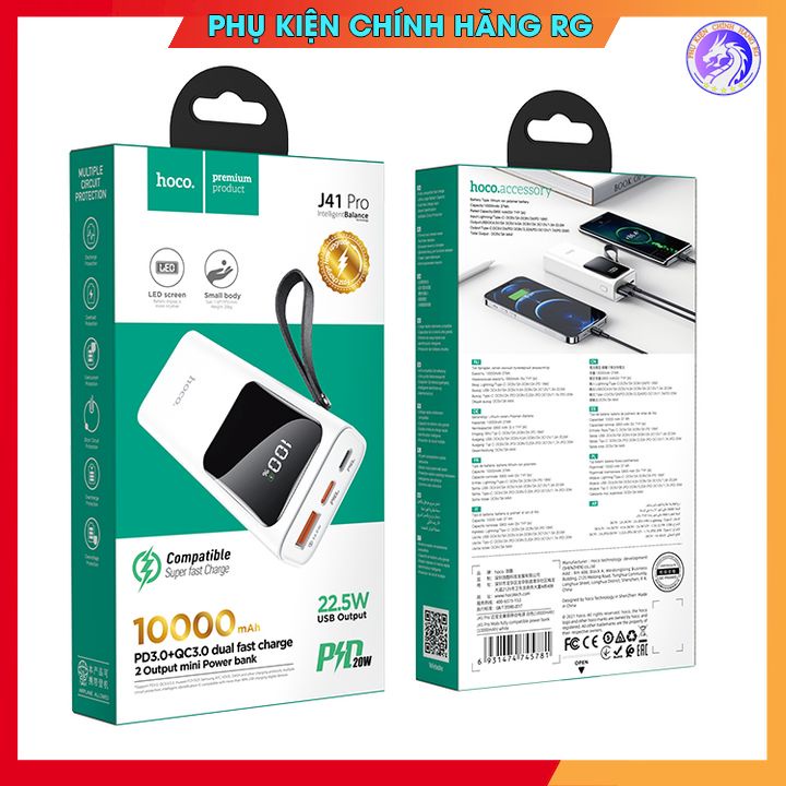 Sạc dự phòng 10000mah HOCO J41 Pro, Pin dự phòng sạc nhanh Quick Charger 3.0 PD 22.5W màn led