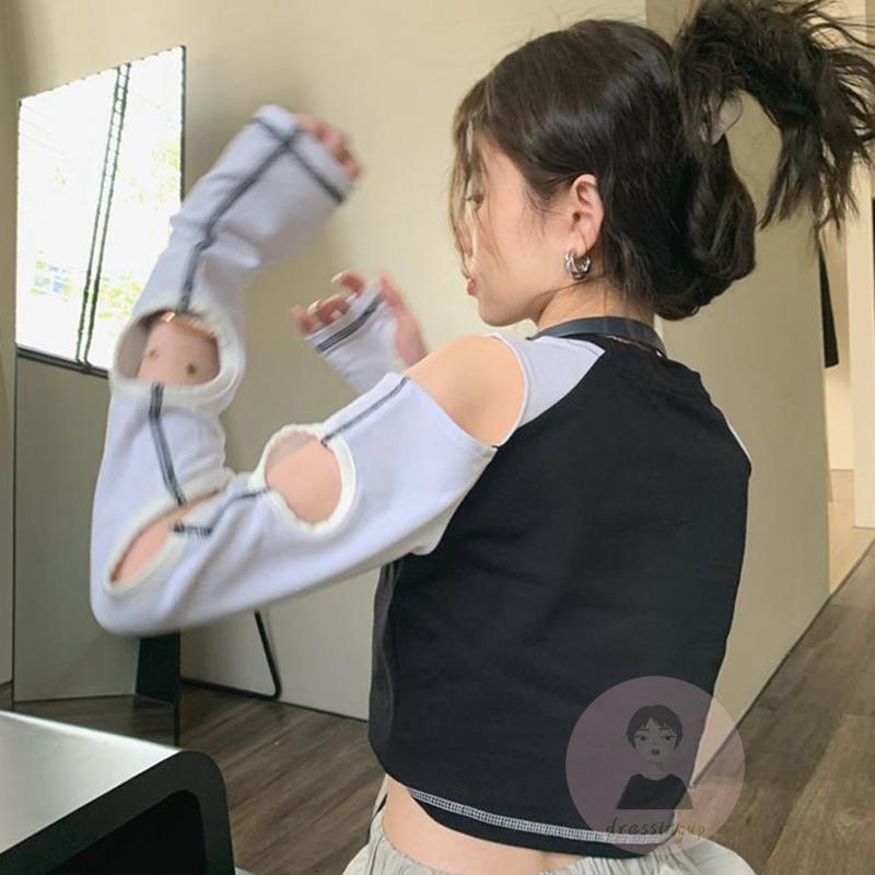 Áo Thun Tay Dài Cổ Thuyền Màu Sắc Tương Phản Size S / M / L