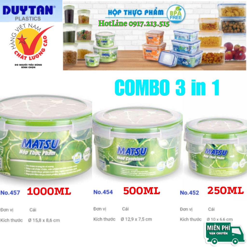 COMBO 3 in 1 Hộp nhựa tròn đựng thực phẩm 250-500-1000ML DUY TÂN CAO CẤP