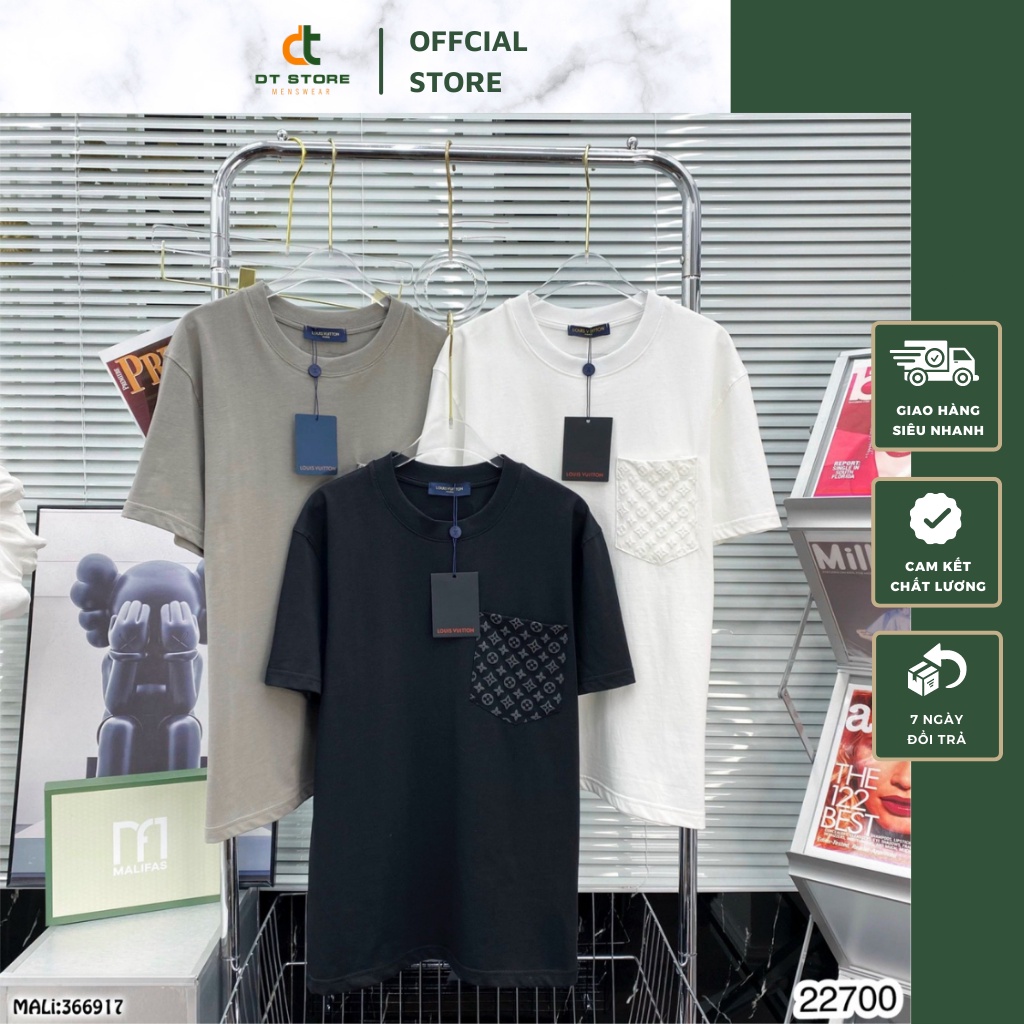 Áo Phông Nam Lv Chất Vải Cotton Cao Cấp . Áo Thun Nam Nữ Lv Họa Tiết Túi Áo In Nổi Siêu Đẹp DT STORE MENWEAR