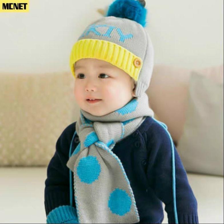 Set mũ len micky kèm khăn quấn lót lông cừu bé gái bé trai 0-4 tuổi