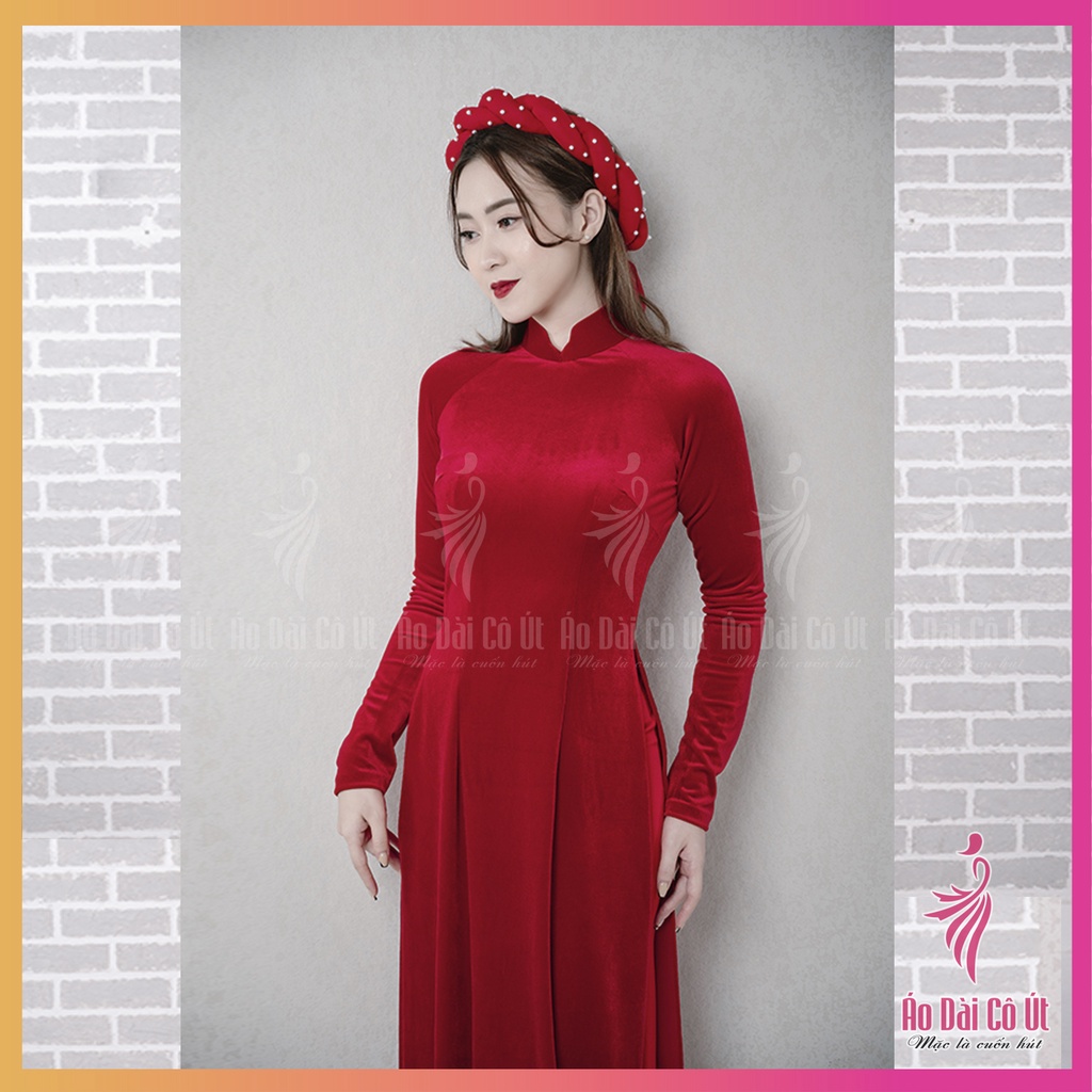Áo dài nhung màu đỏ tươi truyền thống tay dài hàng may sẵn