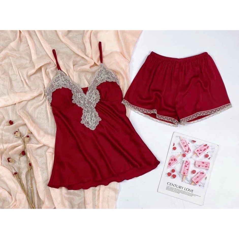 Bộ ngủ 2 dây sexy lụa satin phối ren đẹp có mút ngực cao cấp giá rẻ 012 | BigBuy360 - bigbuy360.vn