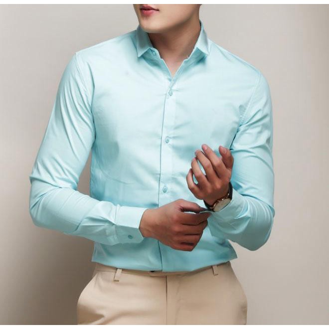 Sơ mi trơn dài tay nam màu rêu đậm chất thô mềm dáng body phù hợp cho nam