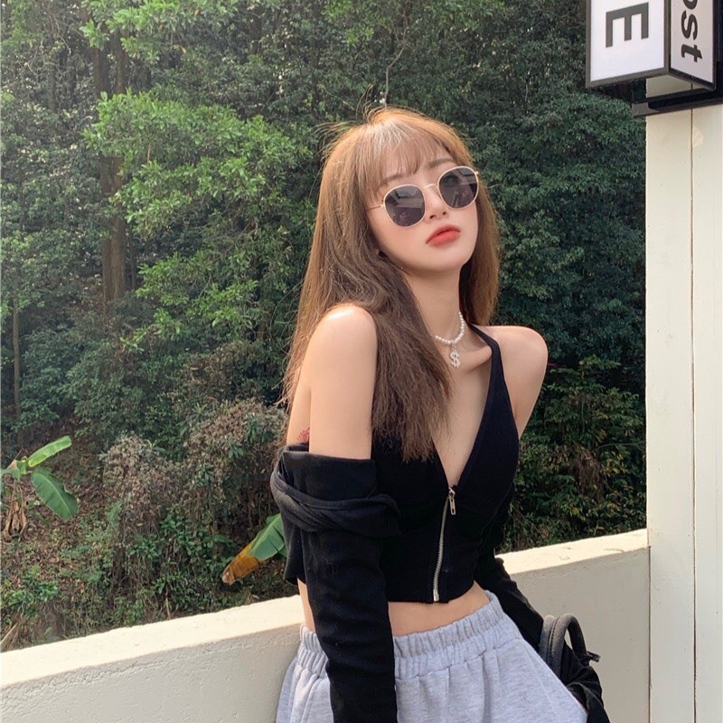 Áo bra 2 dây khoá kéo giữa 3 màu,áo croptop
