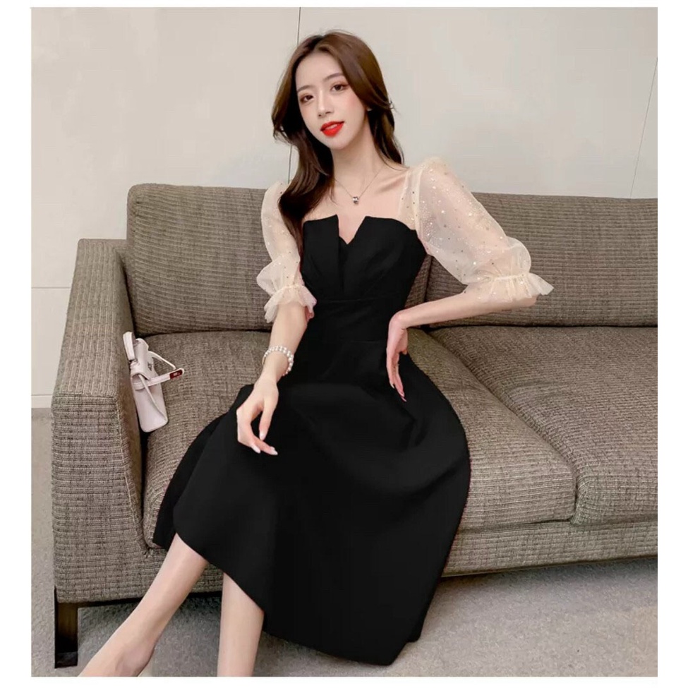 Gunkaymatter Đầm Nữ Dạ Hội Phong Cách Tiểu Thư Xếp Ly Ngực Tay Phối Lưới Có Mút Ngực Phù Hợp Mọi Phòng Cách