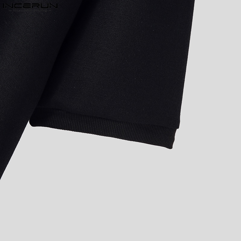 Áo sơ mi dệt kim INCERUN tay ngắn màu trơn cài nút cổ bẻ thời trang cao cấp cho nam