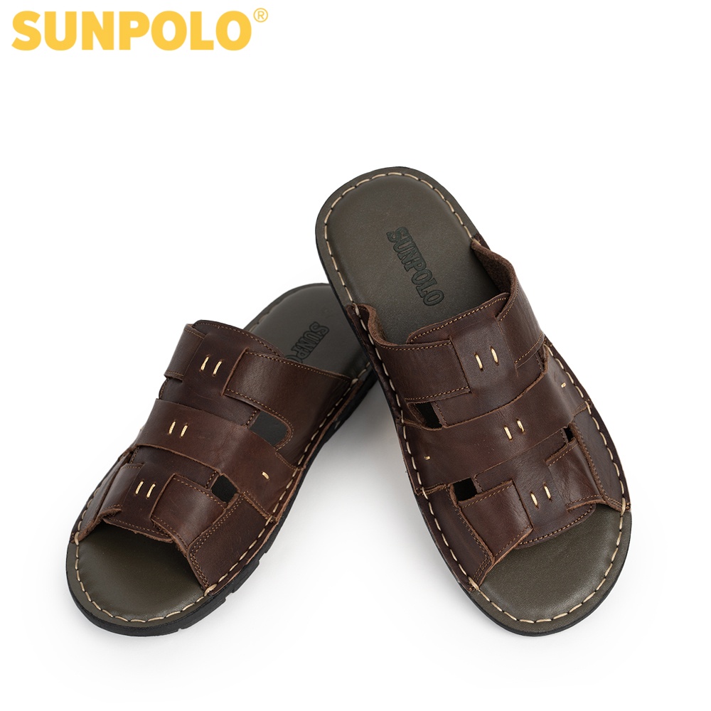 Dép Quai Ngang Nam Da Bò Cao Cấp SUNPOLO Nâu - SUA13N - Có Big size 44 45