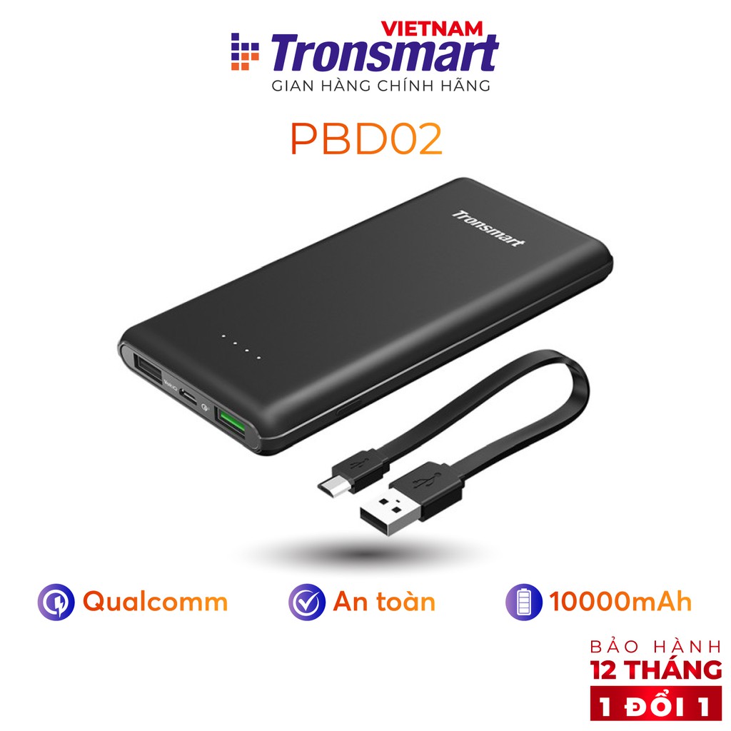 Sạc dự phòng 10000mAh Tronsmart Presto Sạc nhanh QC 3.0 kèm dây Micro USB - Hàng chính hãng - Bảo hành 12 tháng 1 đổi 1