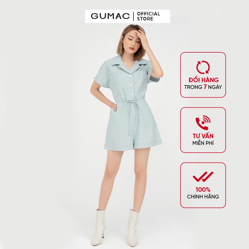 [Mã WABRG208 giảm 10% tối đa 50k đơn từ 250k] Jumpsuit ngắn phối nơ eo GUMAC màu xanh tay ngắn năng động DB5114