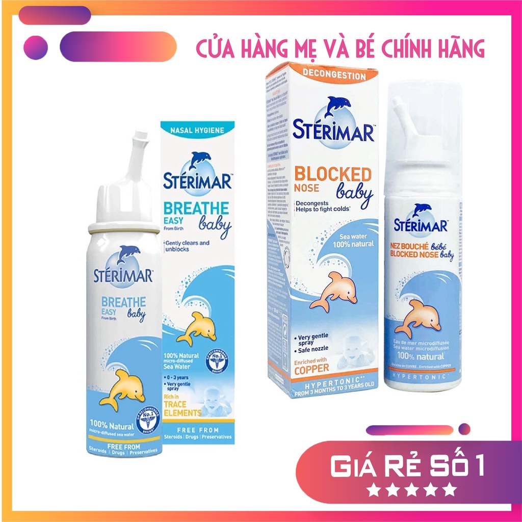 Xịt muối biển cá heo vàng xanh và cá heo cam (100ml) vệ sinh, hỗ trợ sổ mũi, nghẹt mũi cho bé 0-3 tuổi Sterimar