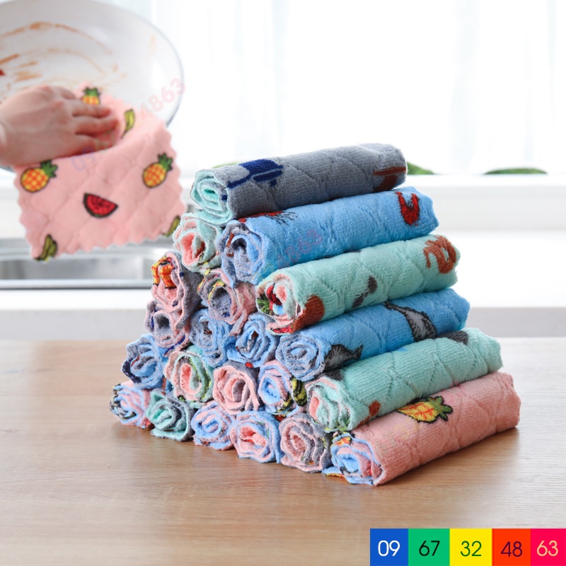 Khăn lau đa năng HỌA TIẾT thấm nước chống dính dầu mỡ hai mặt loại to 25x25cm