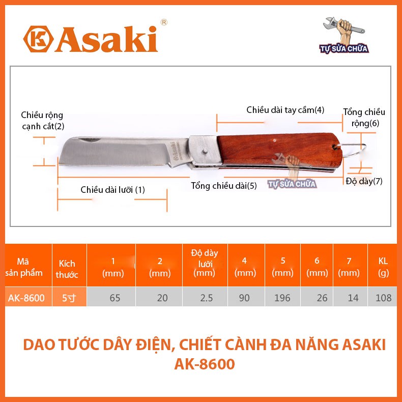 Dao tuốt dây điện, dao chiết cành lưỡi cong, lưỡi thẳng 5" đa năng chính hãng Asaki AK-8600, AK-8601