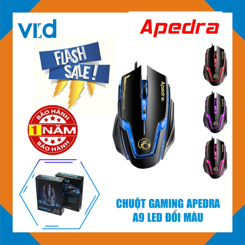 Chuột cho máy tính có dây chuyên Gaming APEDRA A9 – Led đổi màu – Độ nhậy max3200 DPI