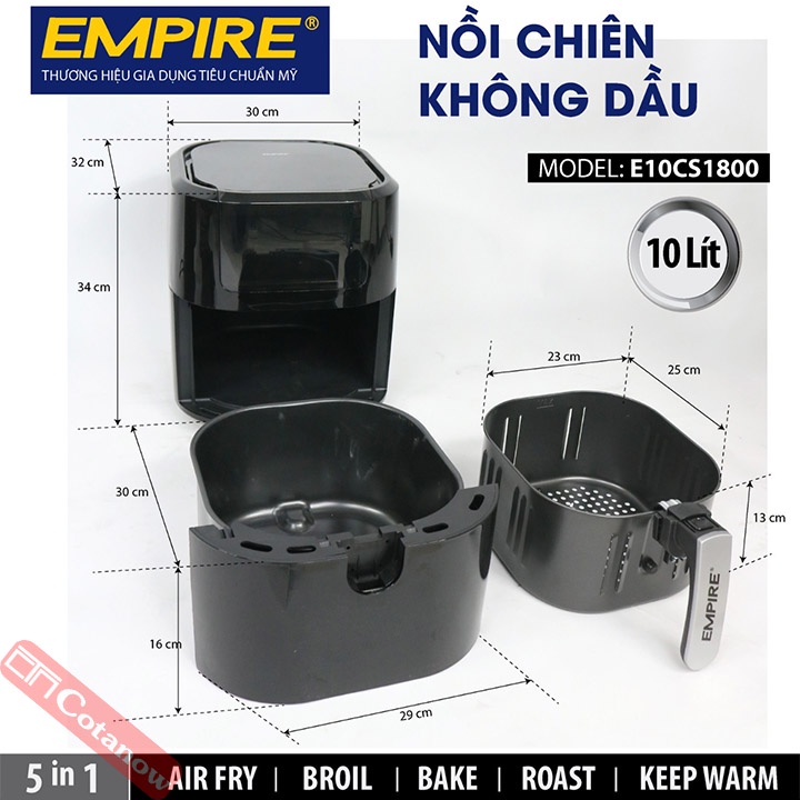 Nồi Chiên Không Dầu 10 Lít Empire E10CS1800 1800W, Bảo Hành 12 Tháng, Cảm Ứng LCD, 8 Chương Trình Cài Đặt - COTANOW