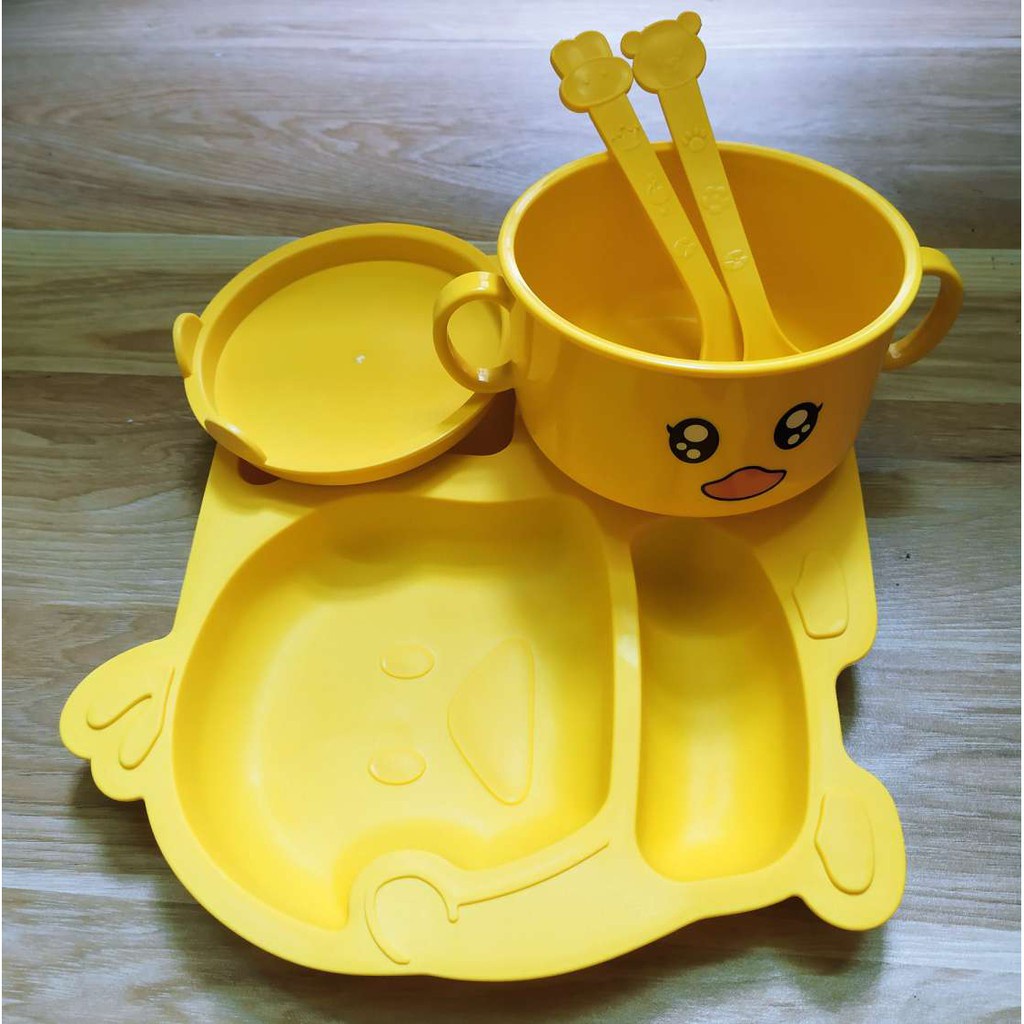 Set khay ăn dặm, cốc, bát hình vịt vàng chất liệu lúa mạch cho bé