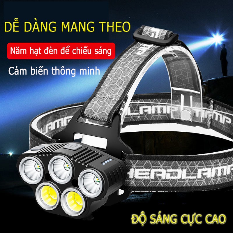 Đèn pha 5 bóng LEDT6 trường ánh sáng mạnh có thể sạc lại không thấm nước chiếu sáng gắn trên đầu