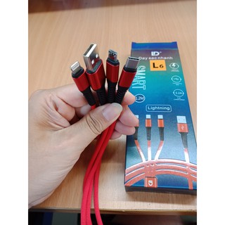 Cáp Sạc Đa Năng 3 Đầu LD (IP_Micro_TypeC)_L6_1200mm_6 Chip_Sạc Nhanh_Xuất Châu Âu_QLM380 [20x10x5]
