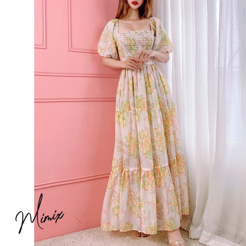 Đầm maxi hoa tầng cổ vuông tay ngắn phồng MMIMX BP0205 | BigBuy360 - bigbuy360.vn