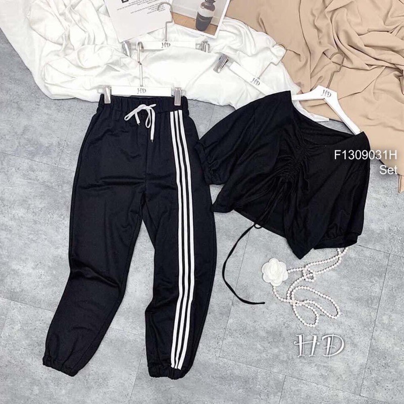 Set Áo Croptop Rút Dây + Quần Thể Thao Sọc