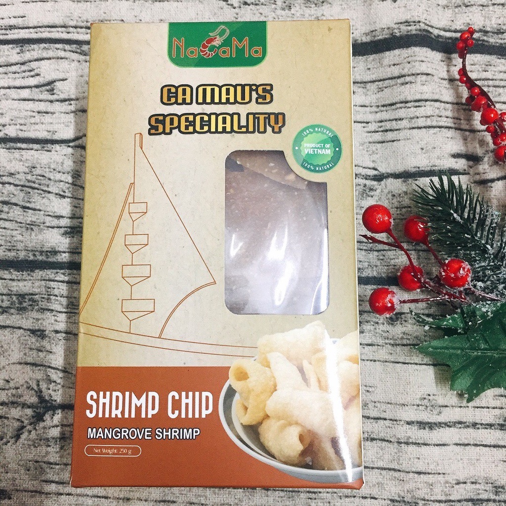 Phồng tôm Sú Cà Mau đậm đà hương vị tôm, hiệu Nacama hộp 250gr, đặc sản của vùng đất Hàng vịnh, Năm Căn, Cà Mau.