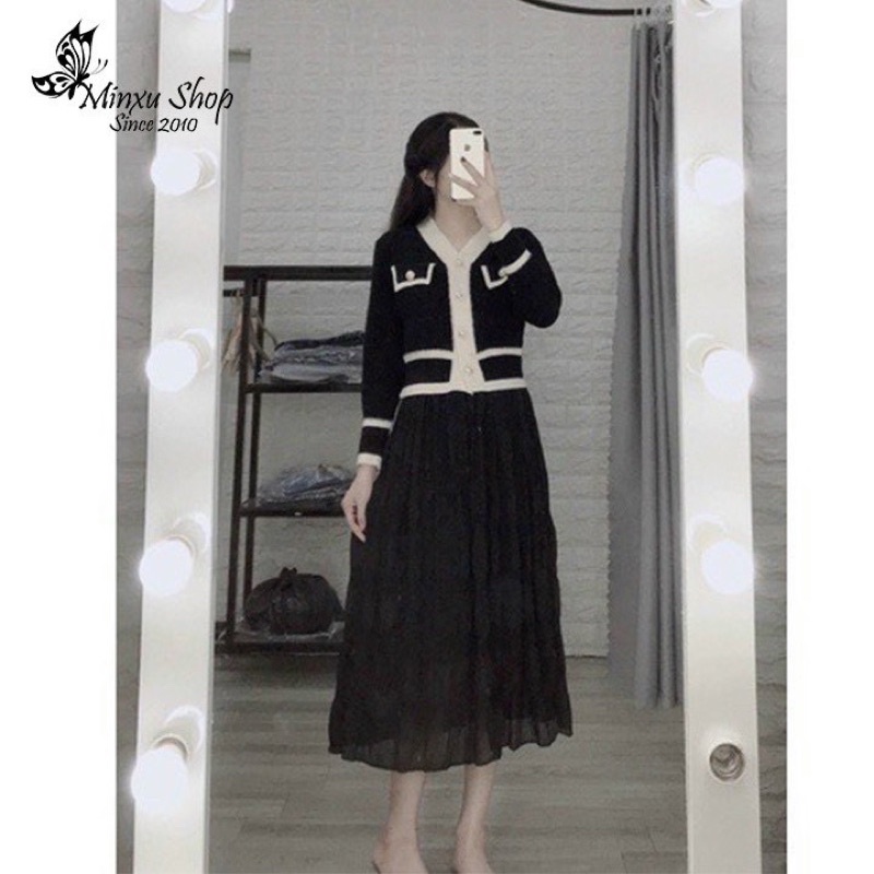 Áo khoác len Cadigan viền trắng,đen khuy ngọc cực sang, len dày thu đông