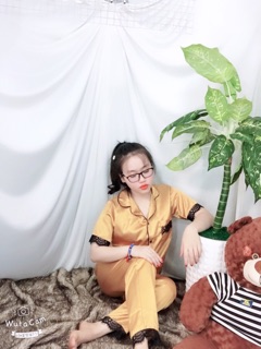 Pizama phi lụa ren tay ngắn quần dài