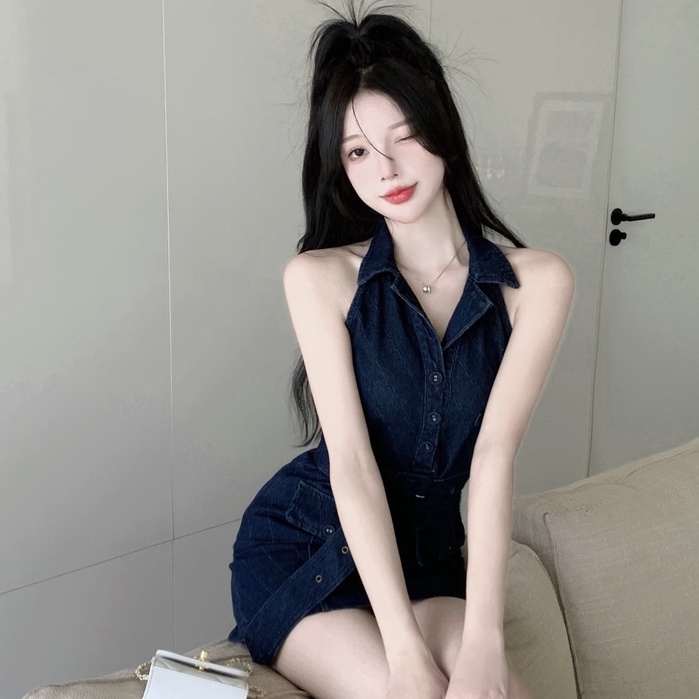 Đầm Denim Không Tay Cổ Bẻ Phong Cách Hàn Quốc Thời Trang Mùa Hè Mới Cho Nữ