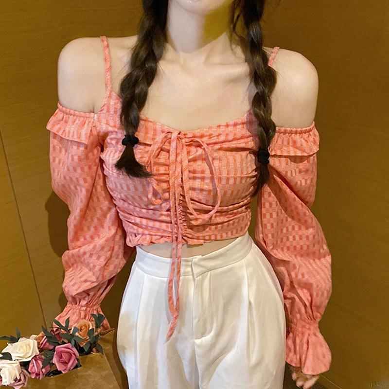 Áo Ren Lửng Tay Dài Trễ Vai Quyến Rũ Phong Cách Retro Hàn Quốc