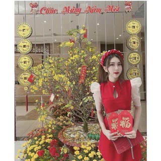 Đầm đỏ tay voan lưới [Ảnh thật]