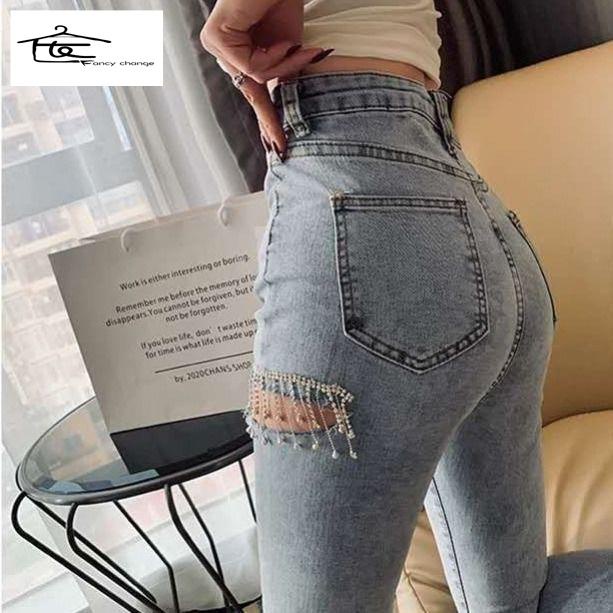 Hàng Có Sẵn Bán Chạy~Quần Jean Dài Đến Mắt Cá Chân Eo Cao Ôm Chân Rách Gối Màu Sáng Phong Cách Mùa Xuân Thời Thượng 2022 Cho Nữ