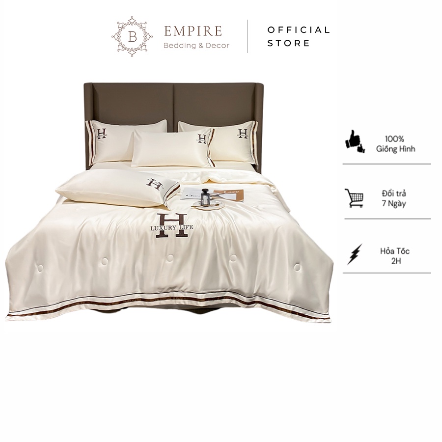 Bộ chăn ga gối nệm đệm 4 món phi lụa chữ H luxury Empire cao cấp bo chun drap giường - Bình Châu Bedding & Decor