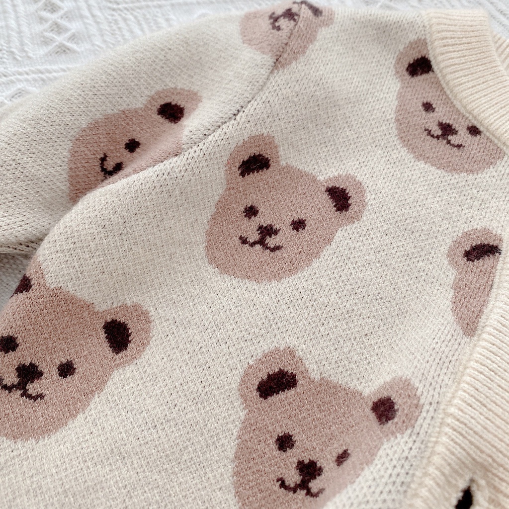 Áo len cardigan trẻ em họa tiết gấu mềm mịn, phong cách Hàn quốc